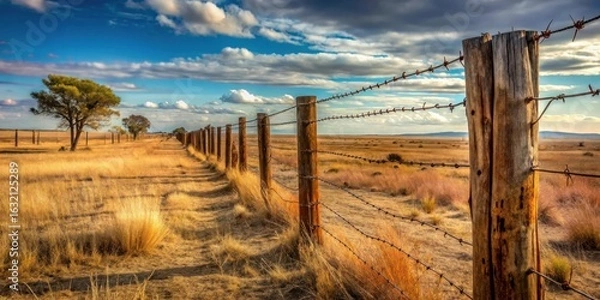 Fototapeta Rustic Wooden Fence Post and Barbed Wire in a Dry Grassland Under a Dramatic Sky