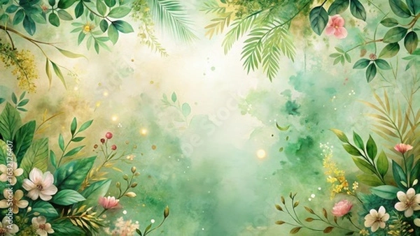 Fototapeta Enchanted Garden A Serene Watercolor Floral Design with Lush Greenery and Soft Light Effects
