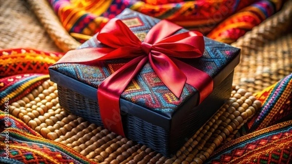 Fototapeta A luxuriously wrapped gift box adorned with a vibrant patterned cover and a rich red ribbon sits on a textured surface, surrounded by colorful textiles