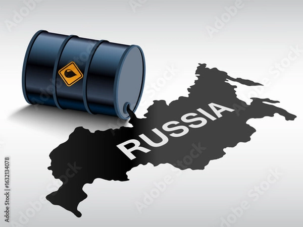 Obraz Crude oil from a barrel is poured onto the map of Russia. Vector illustration