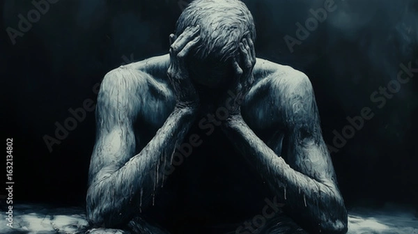 Fototapeta A man sitting with his head in his hands, showing deep sadness. A person in distress, painted in dark hues, showing signs of deep sorrow.
