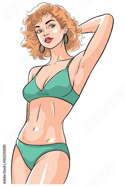 Fototapeta A vibrant, colored cartoon illustration depicts a confident woman in a green bikini. With a relaxed pose and short curly hair, she embodies a happy and glamorous summer lifestyle. Vocation swim idea.