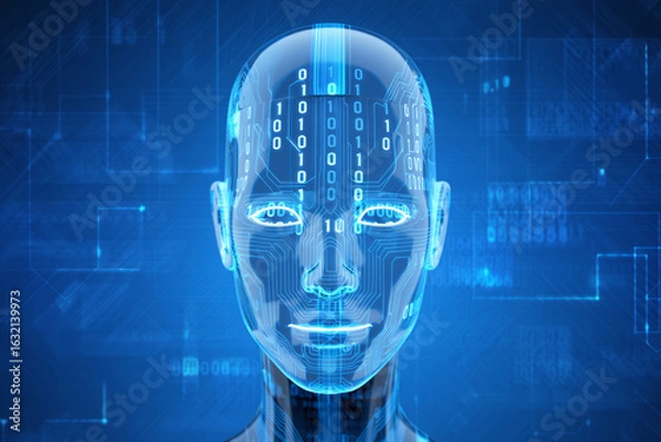 Fototapeta Futuristic transparent humanoid head with digital binary code inside
