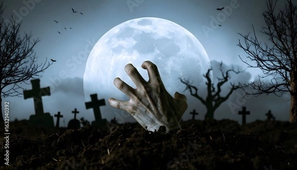 Fototapeta Emerging from the Shadows: A chilling scene of a zombie hand rising from a graveyard, illuminated by a full moon, symbolizing horror and the supernatural.