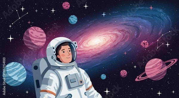 Fototapeta Astronaut in Space Gazing at Galaxy and Colorful Planets Illustration