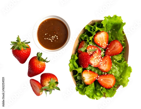 Fototapeta Fresh Strawberry Salad with Sesame Dressing in a Take-away Container, Top View isolated on white background 