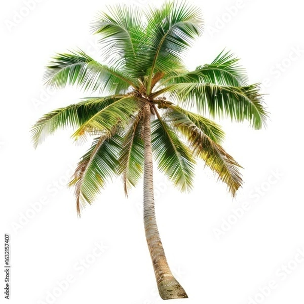 Fototapeta Full shot of a vibrant coconut palm tree against a white background.  Its lush green fronds and slightly curved trunk are detailed, and the lighting creates a natural, tropical feel