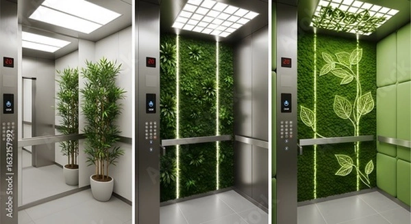 Fototapeta Three modern elevator interiors showcasing biophilic design with plants, a living moss wall, and leaf patterns.