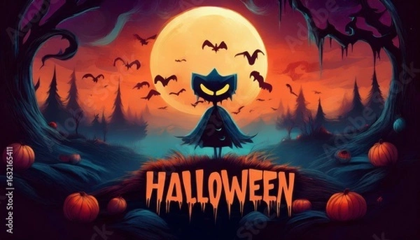 Fototapeta A vibrant Halloween scene featuring a mysterious character, bats, and pumpkins against a full moon backdrop, capturing the essence of spooky festivities.