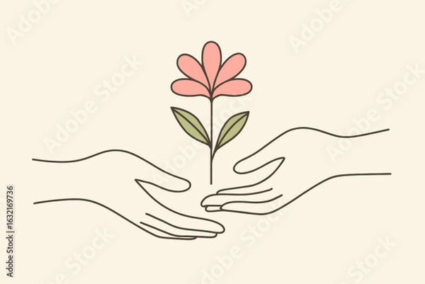 Fototapeta Minimalist vector illustration of two hands gently holding and exchanging a pink flower, symbolizing kindness, giving, and human connection, ideal for wellness, charity, and relationship themes