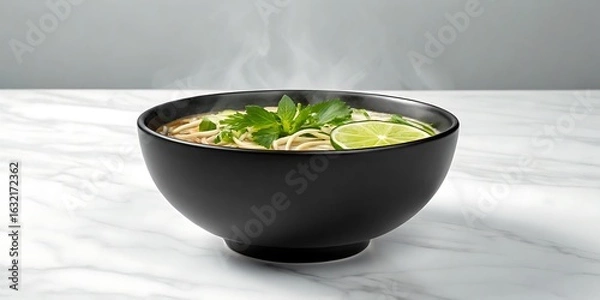 Fototapeta Steaming Bowl of Asian Noodle Soup with Lime and Parsley Garnishes asian cuisine broth