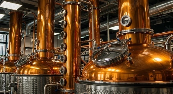 Fototapeta Close-Up Details of Large Copper Brewing and Distillation Stills in a Factory