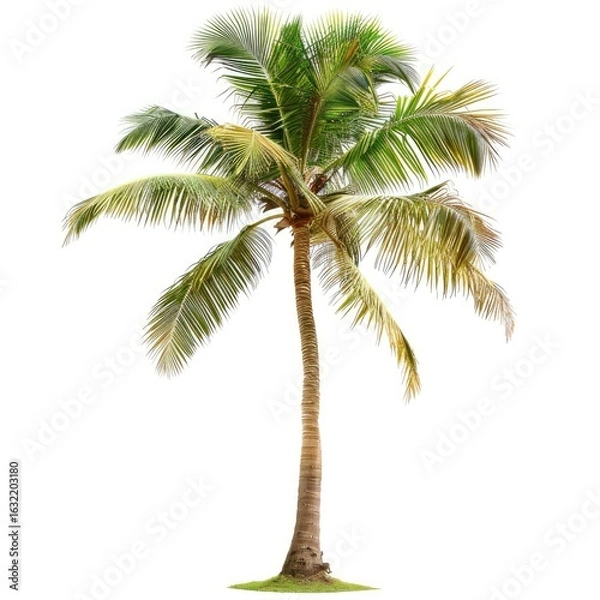 Fototapeta Isolated palm tree against white background. Lush green fronds radiate from a tall, light brown trunk