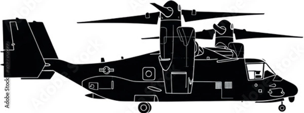 Obraz Bold Black Silhouette of V-22 Osprey Tiltrotor – Military Aircraft Vector Design