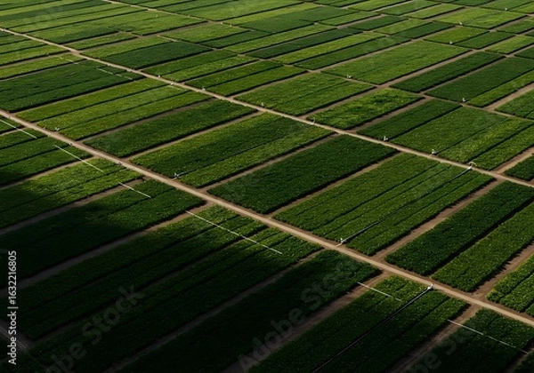 Fototapeta High angle shot of a vast agricultural field divided into precise rectangular plots, showing different shades of green crops and irrigation lines, representing modern farming practices.