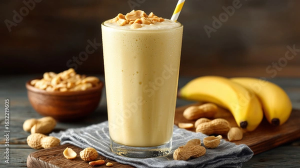 Obraz Peanut butter banana smoothie in glass with nuts and bananas  