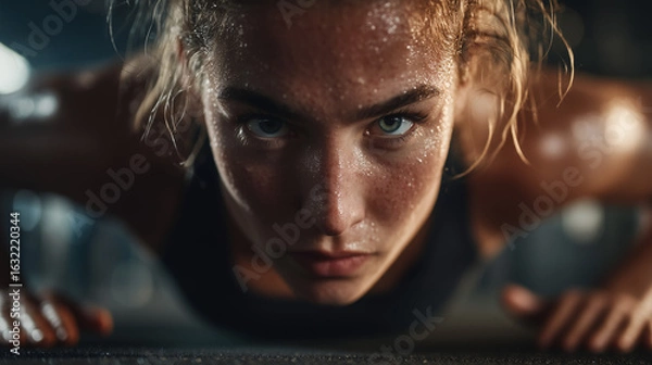 Obraz Focused woman doing push-ups while sweating in gym  Slim transformation