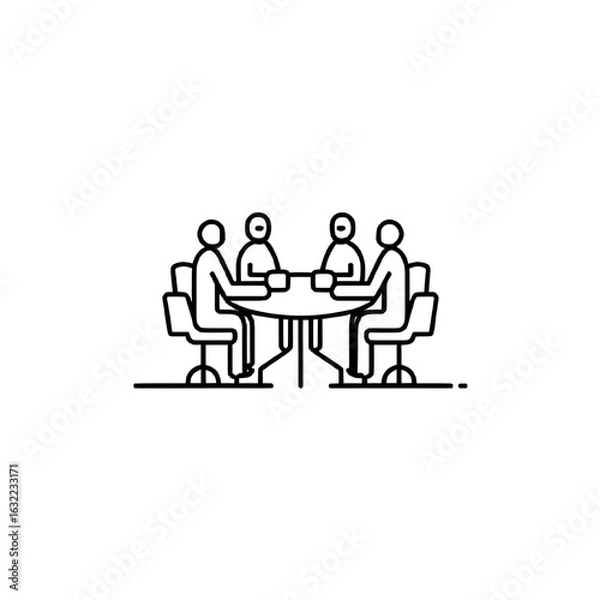 Fototapeta A minimalist line art icon of four people sitting at a round table for a business meeting or discussion.