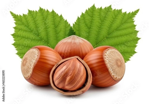 Fototapeta Four whole hazelnuts and one cracked open with green leaves food