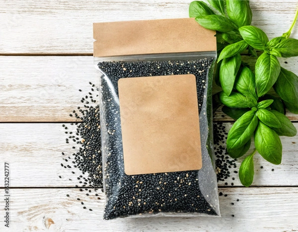 Fototapeta A transparent vacuum bag filled with black chia seeds lies on a table. An empty template of the packaging with seeds lies near greenery on a wooden surface