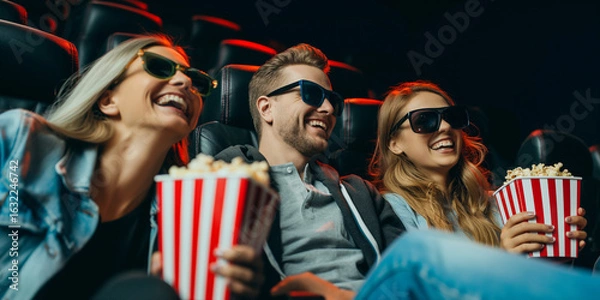 Fototapeta Group of young friends enjoying a 3D movie in a cinema hall, wearing 3D glasses, smiling, holding popcorn and drinks. Vibrant, lively atmosphere. AI-generated, symbolic lifestyle scene.