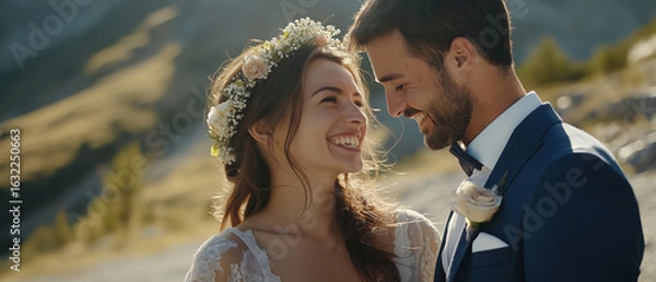 Fototapeta Happy bride and groom laughing together in elegant wedding attire, standing closely in a joyful, romantic moment. Bright, festive atmosphere. AI-generated symbolic wedding scene.