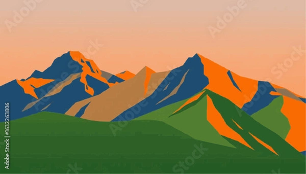 Obraz Mountain landscape with colorful peaks and green foreground at sunset  