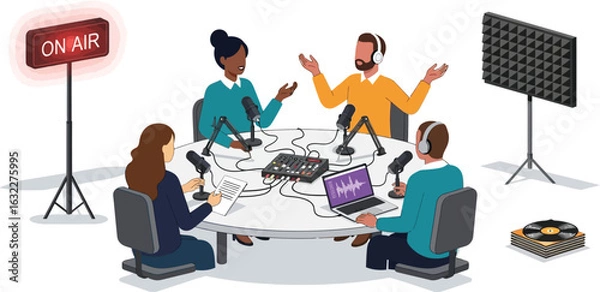 Obraz Illustration of four people recording a podcast with microphones and an on air sign present