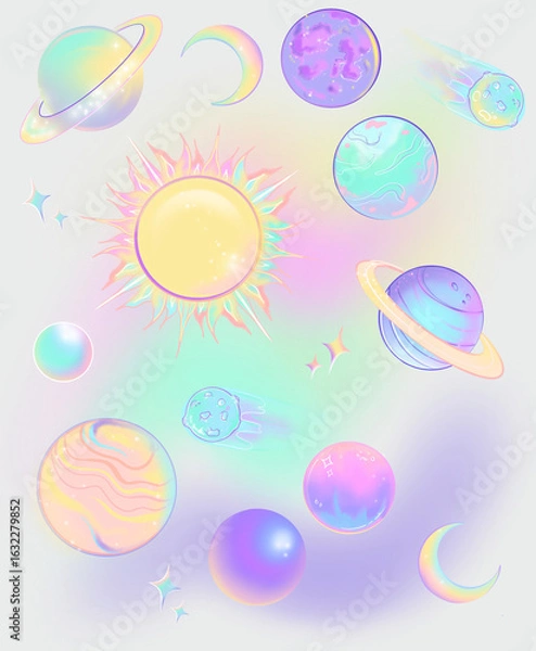 Fototapeta Cosmos seamless pattern handdrawn planets and stars. Colourfully pastel colours celestial art.  