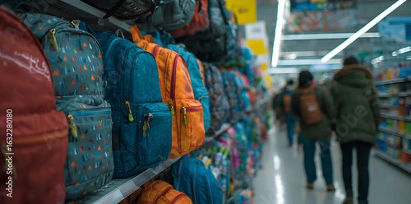 Fototapeta Colorful Backpacks Displayed on Shelves in a Store Aisle with Shoppers Looking for School Supplies