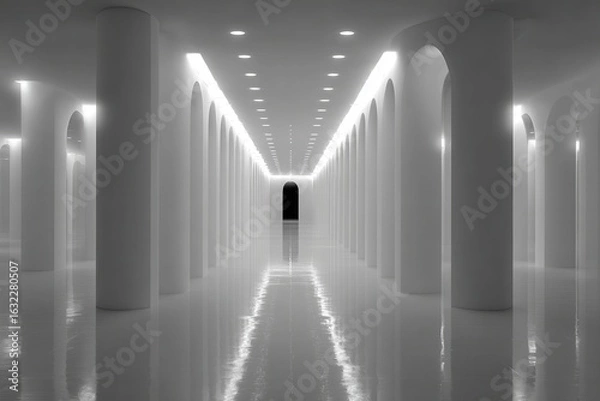 Obraz A monochrome image features a long hall with white columns and a shiny floor. This image can illustrate design concepts, minimalism or the idea of a long journey.