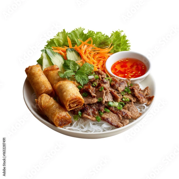 Fototapeta Delicious Vietnamese Bun Bo Hue with Spring Rolls and Fresh Herbs