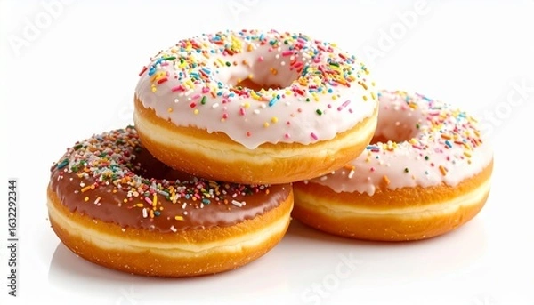 Fototapeta "Stack of three donuts with pink, white, and chocolate icing, topped with colorful sprinkles