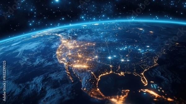 Fototapeta High-tech visualization of North America seen from space with luminous digital pathways linking major hubs, representing AI and data flow across networks