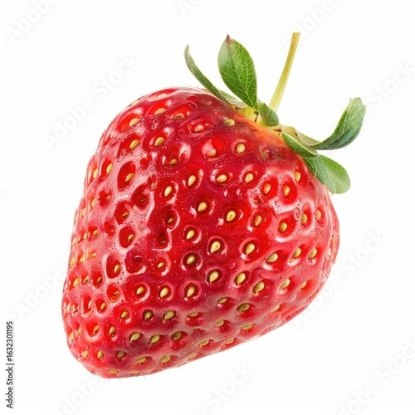 Fototapeta Single ripe strawberry, close-up, isolated on white background.  A vibrant, glossy, crimson red strawberry is angled, displaying its textured surface.  Small, visible seeds dot the skin. 