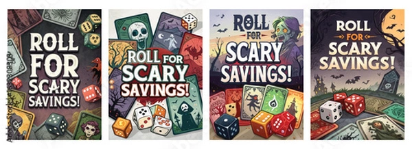 Fototapeta Set of four posters featuring spooky-themed savings with dice and ghostly graphics
