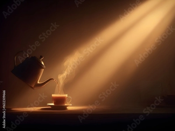 Fototapeta Pou hot tea from a vintage kettle into a glass cup under sunbeams creating steam in a cozy ambiance.