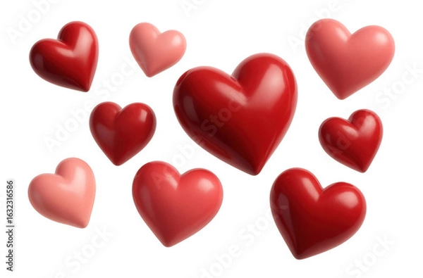 Fototapeta A collection of glossy red and pink hearts of varying sizes arranged in a lively pattern on transparent background.