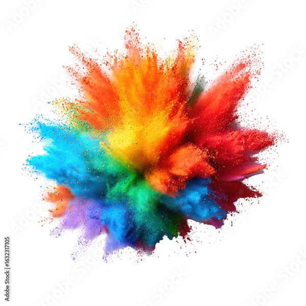 Fototapeta Colorful explosion of vibrant powder.  A dynamic burst of  multi-colored powder radiates outward from a central point against a black background.  