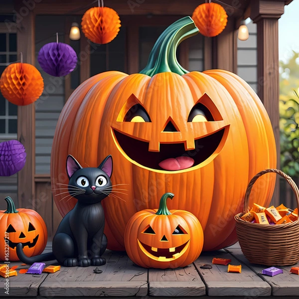 Fototapeta A black cat sits in front of a giant carved pumpkin and two smaller ones on a wooden porch decorated with hanging lanterns. A basket of candy sits to the side, creating a cheerful Halloween scene.