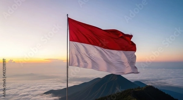 Obraz Indonesian flag waving over misty mountains