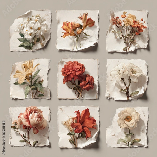 Obraz Soft Vintage Floral Bouquets – Realistic Botanical Illustrations on White
