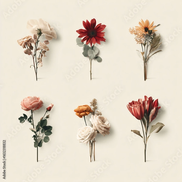 Obraz Vintage Botanical Bouquet Illustrations – Realistic Flowers on White