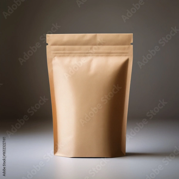 Fototapeta Minimal kraft paper pouch standing on neutral background. Ideal for product branding or mockups.