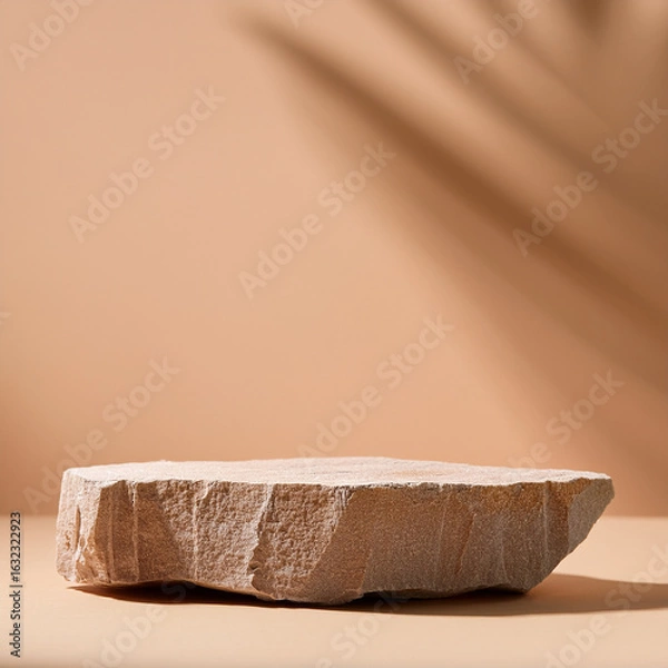Fototapeta Minimal beige stone podium on soft background, clean product display stand for cosmetics, skincare, or eco design.