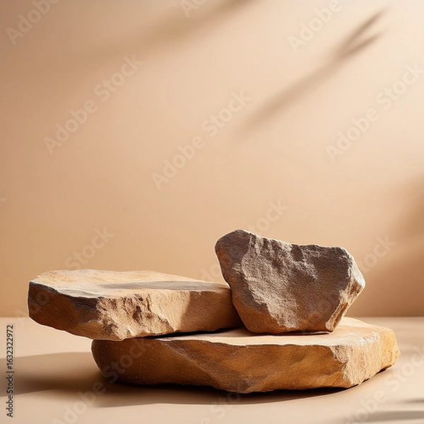 Fototapeta Natural stones on beige background with soft light, minimal abstract product display, organic eco design mockup.