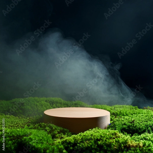 Fototapeta Round podium on green moss with mystical fog, abstract product background for cosmetics, technology, or minimal design concept.