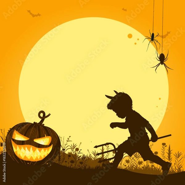 Fototapeta Halloween night background with moon, spooky pumpkin and little devil running, banner or post template with copy space