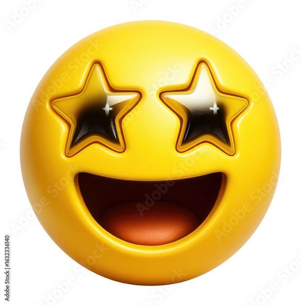 Fototapeta A bright yellow smiling emoji with star-shaped eyes and an open mouth, conveying excitement and admiration on transparent background.