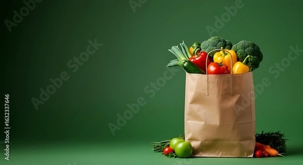 Fototapeta  Fresh Organic Vegetables and Fruits Overflowing from Paper Bag on Green Studio Background